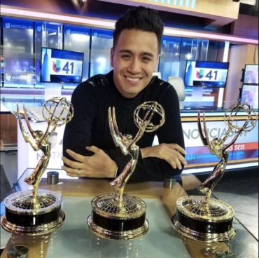 Fernando Garcia is celebrating with his NY Emmy Awards for Television Direction, Producing, and Graphic Design at Univision Noticias 41.